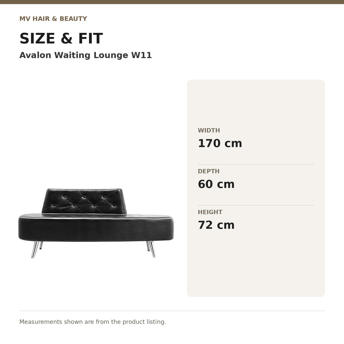 Avalon Waiting Lounge W11 dimensions: Width: 170 cm; Depth: 60 cm; Height: 72 cm