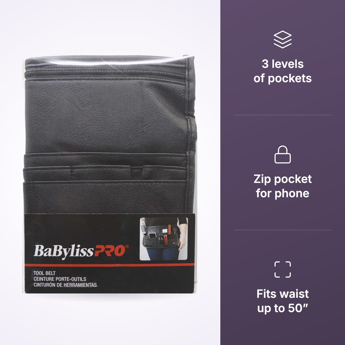 BaBylissPRO tool belt with three pockets, zip pocket and adjustable fit icons