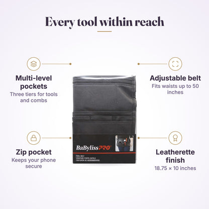 BaBylissPRO tool belt features: multi-level pockets, zip pocket, adjustable belt