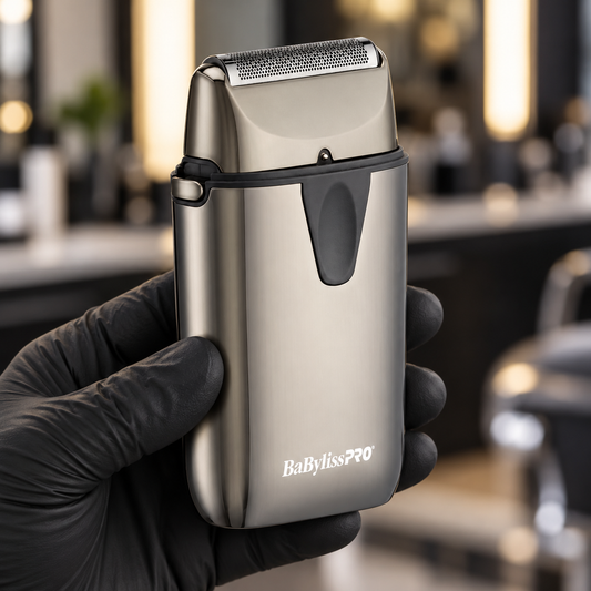 BaBylissPRO UV single foil shaver held upright with its foil exposed and lid removed.