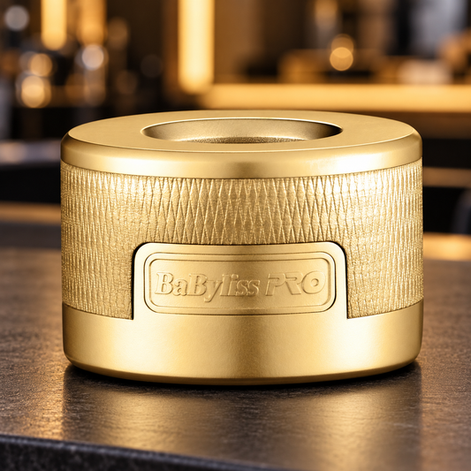 GoldFX clipper charging base on a clear barber workstation, without a clipper or adapter