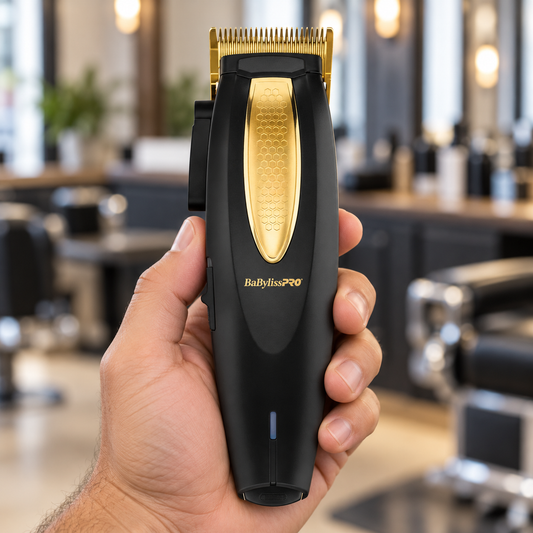 BaBylissPRO Lithium FX clipper held upright showing the gold blade, textured front grip and side controls