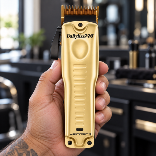Gold BaBylissPRO LoPROFX clipper held upright showing its blade, front grip and taper lever