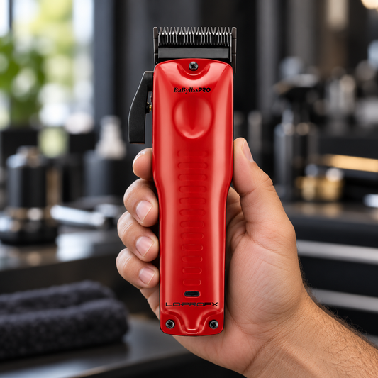 Red BaBylissPRO LoPROFX clipper held upright to show the front grip, blade and taper lever
