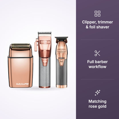 BaBylissPRO RoseFX Barber Trio – Clipper, Trimmer & Foil Shaver key benefits infographic