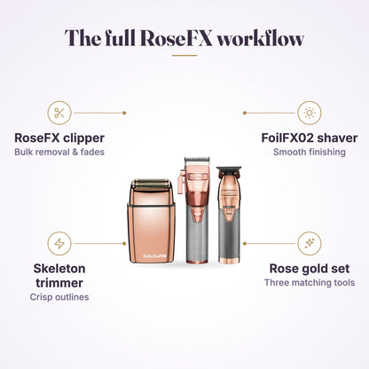 BaBylissPRO RoseFX Barber Trio – Clipper, Trimmer & Foil Shaver features infographic