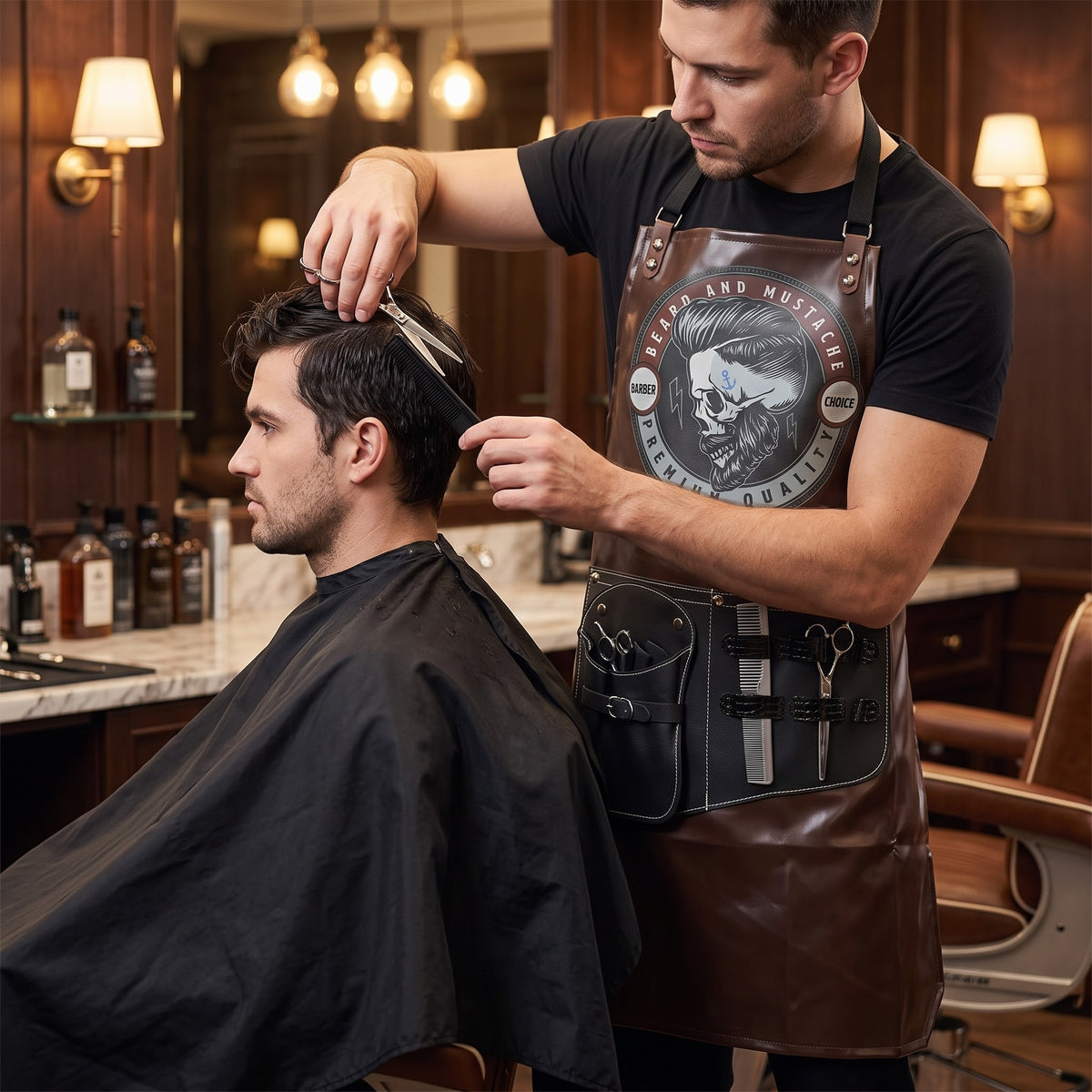 Barber wearing the leather cutting apron while cutting hair