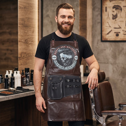 Barber standing in the shop wearing the leather apron