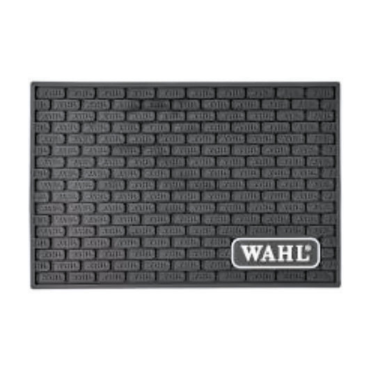 Wahl black rubber barber mat with brick texture and Wahl logo