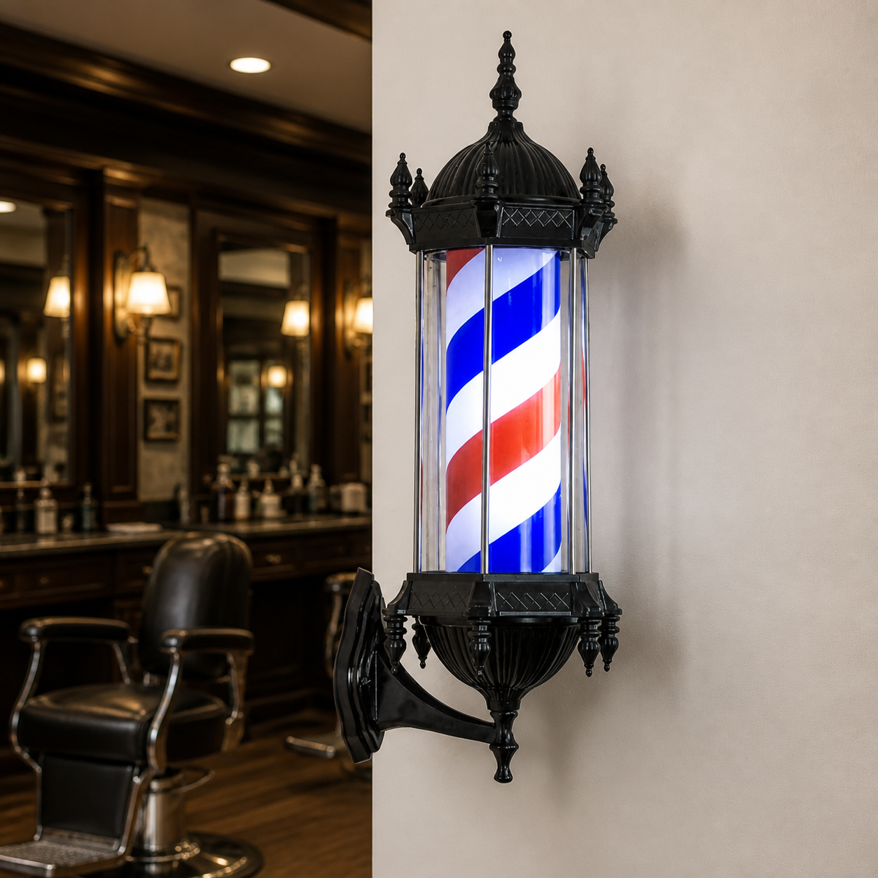 Black LED Rotating Barber Pole – Red, White & Blue displayed inside a premium barbershop