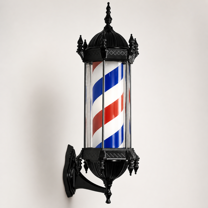 Black LED Rotating Barber Pole – Red, White & Blue full product view on a light studio background