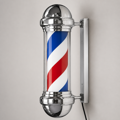 Chrome Rotating Barber Pole – 23cm Wide housing and striped cylinder detail