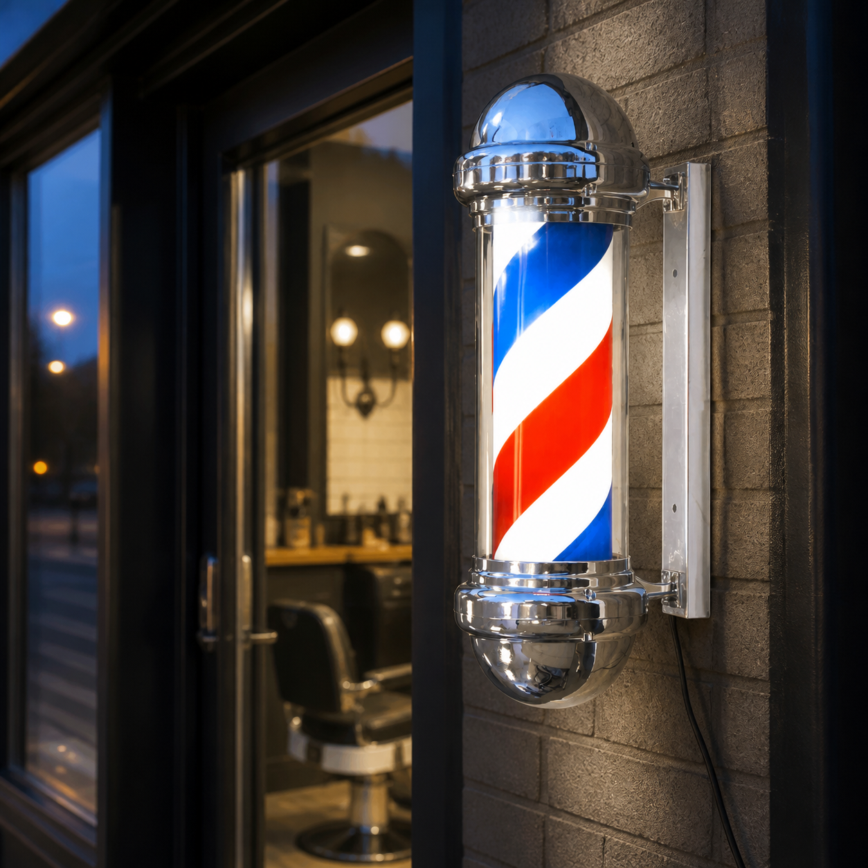Chrome Rotating Barber Pole – 23cm Wide displayed at a barbershop at dusk
