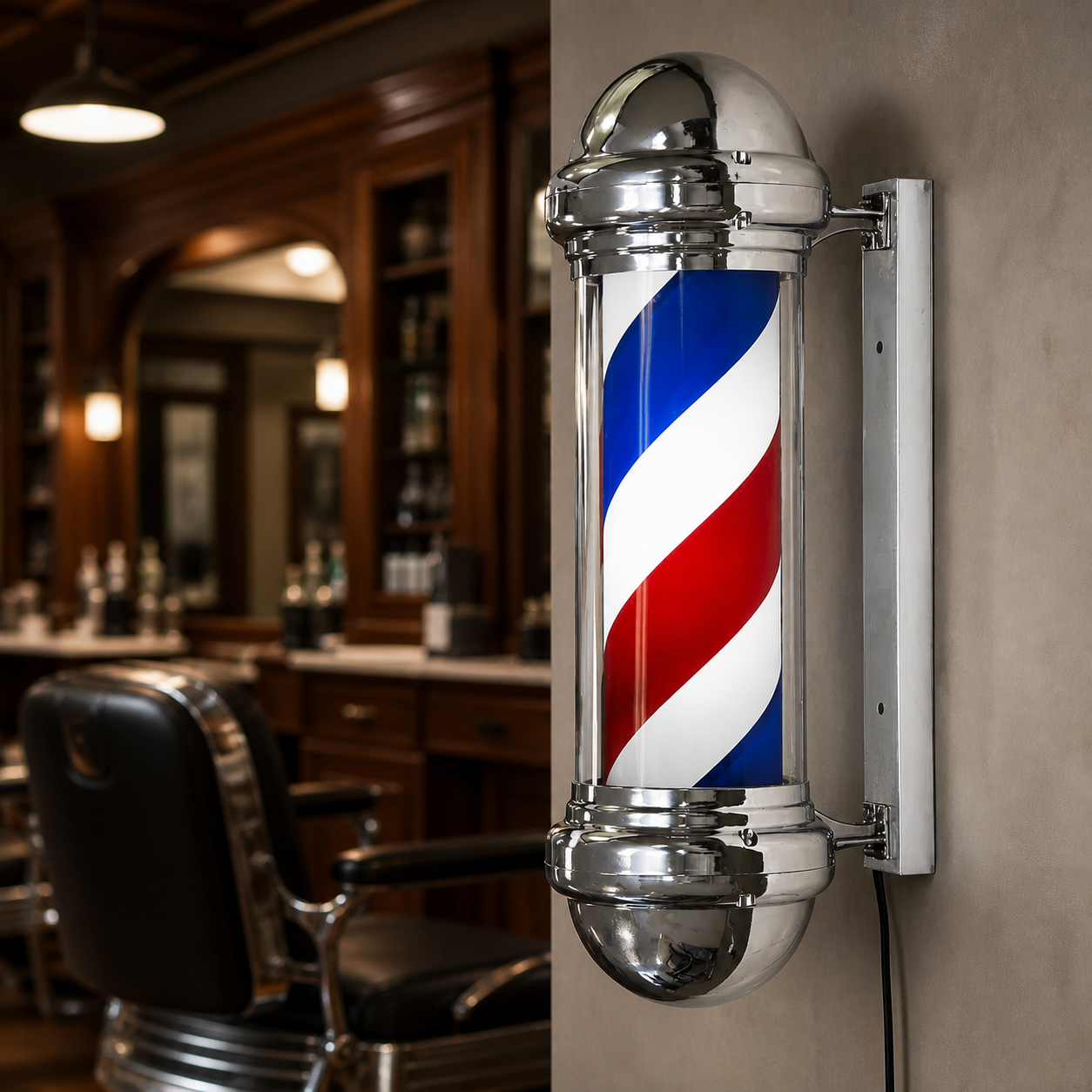 Chrome Rotating Barber Pole – 23cm Wide displayed inside a premium barbershop