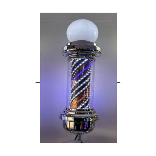 Chrome barber pole with white globe lamp and illuminated spiral