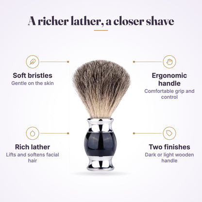 Barbertop Wood Handle Shaving Brush feature graphic: soft bristles, ergonomic handle, rich lather