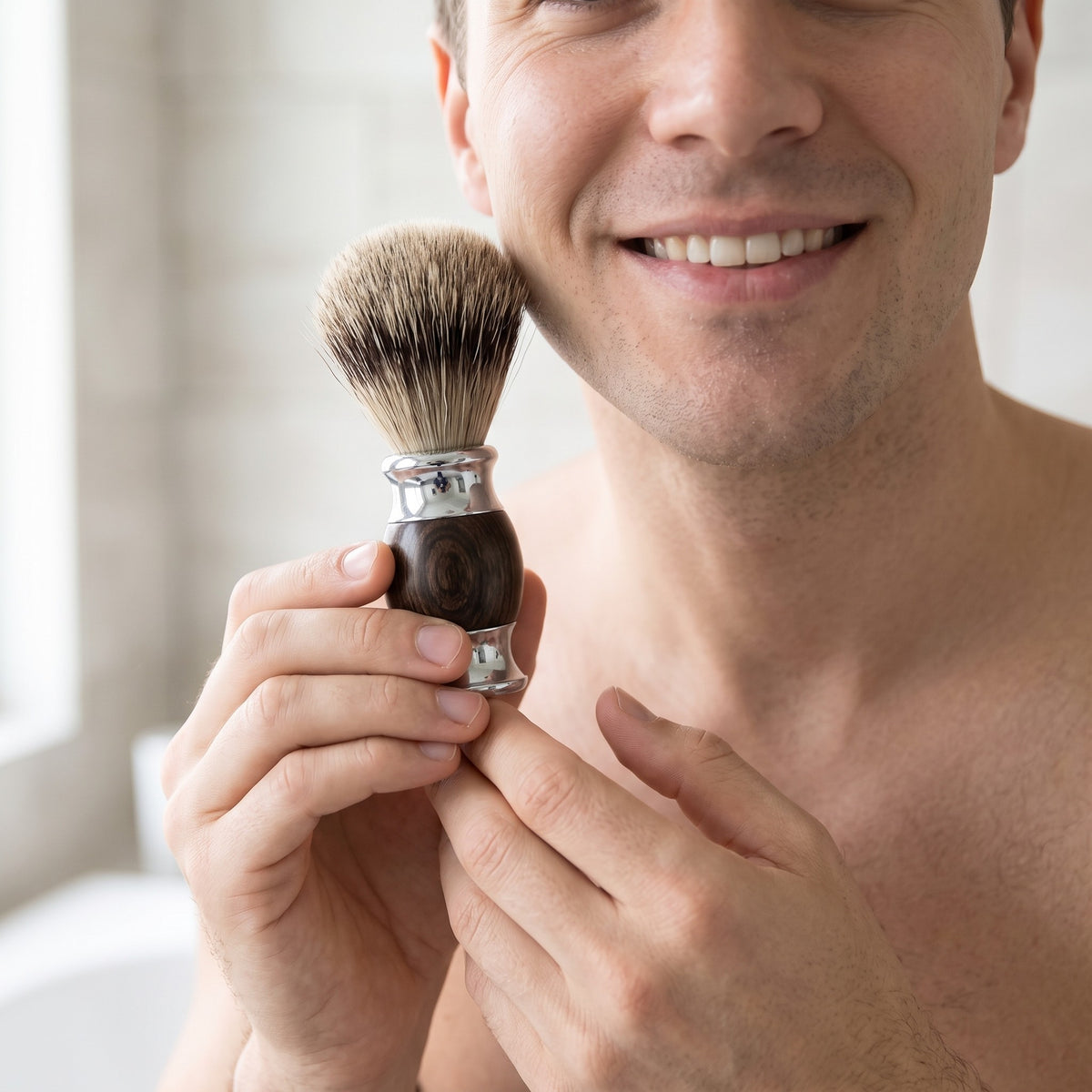 Smiling man holding the Barbertop Wood Handle Shaving Brush