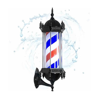 MV black LED rotating barber pole with red, white and blue stripes, wall mounted
