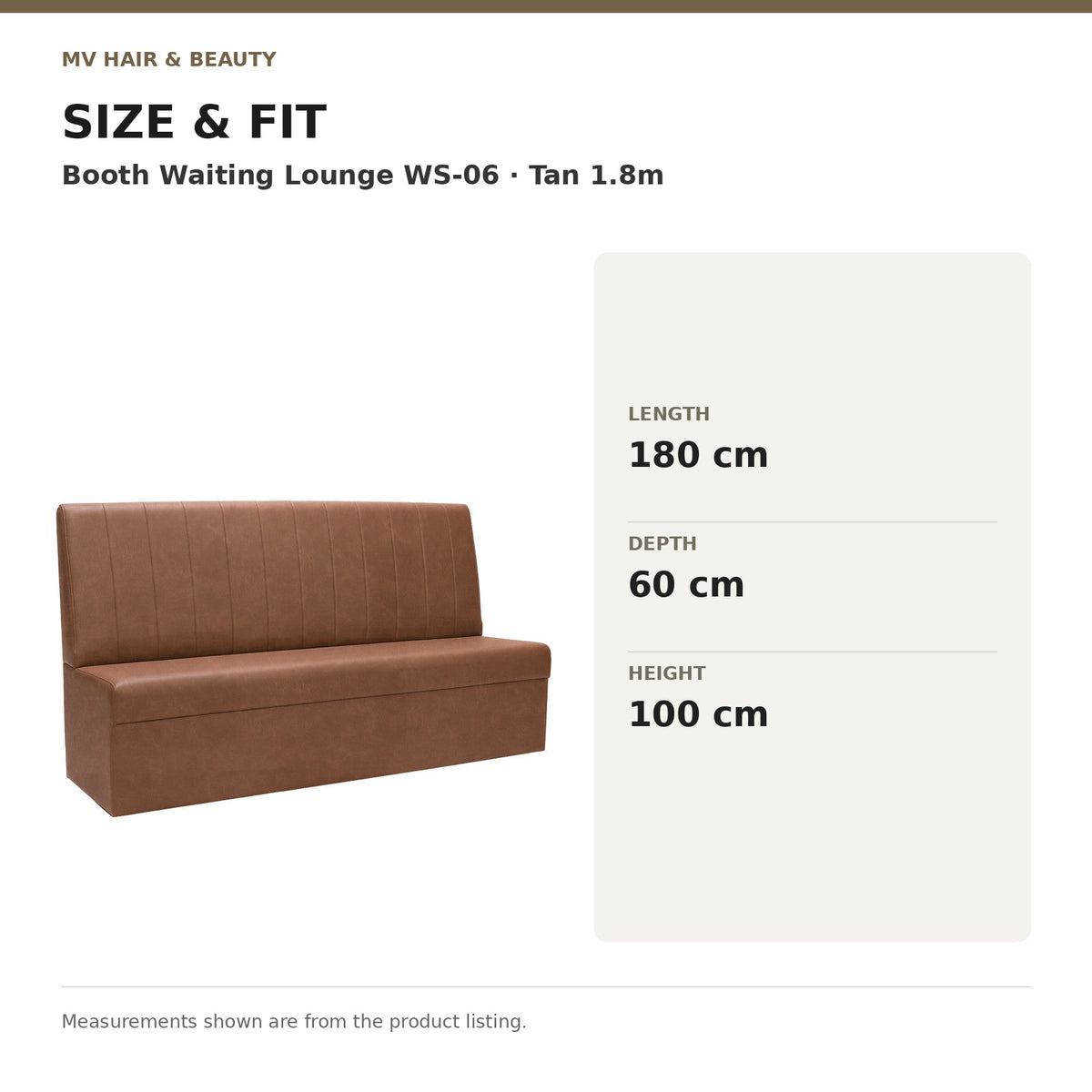 Booth Waiting Lounge WS-06 – Tan 1.8m dimensions: Length: 180 cm; Depth: 60 cm; Height: 100 cm