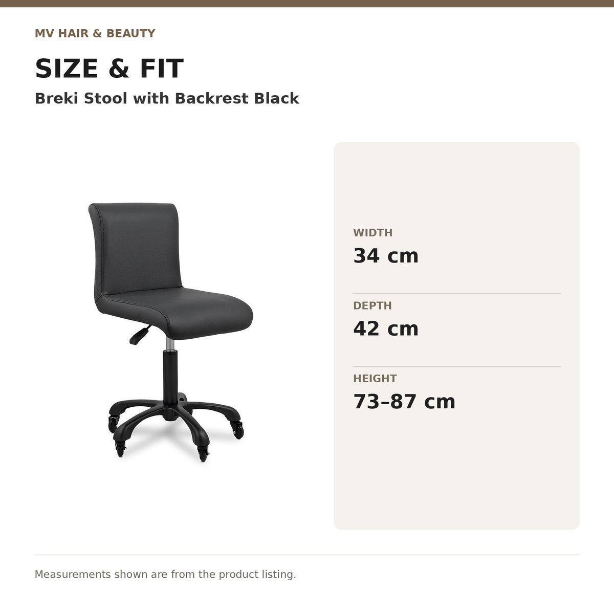 Breki Stool with Backrest Black dimensions: Width: 34 cm; Depth: 42 cm; Height: 73–87 cm