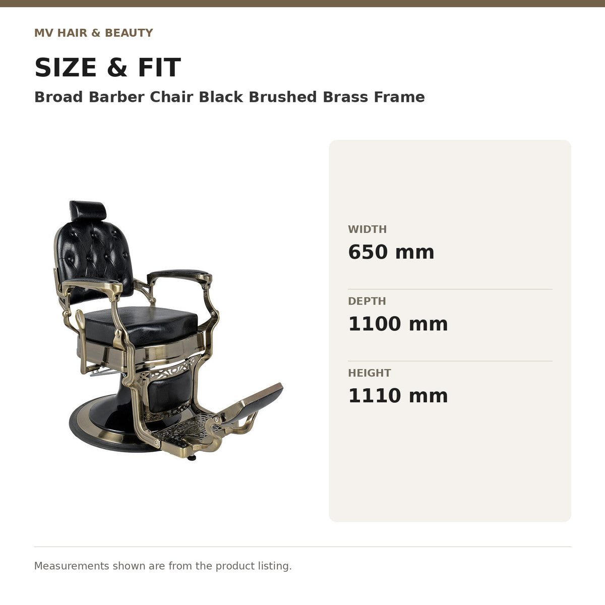 Broad Barber Chair Black Brushed Brass Frame dimensions: Width: 650 mm; Depth: 1100 mm; Height: 1110 mm