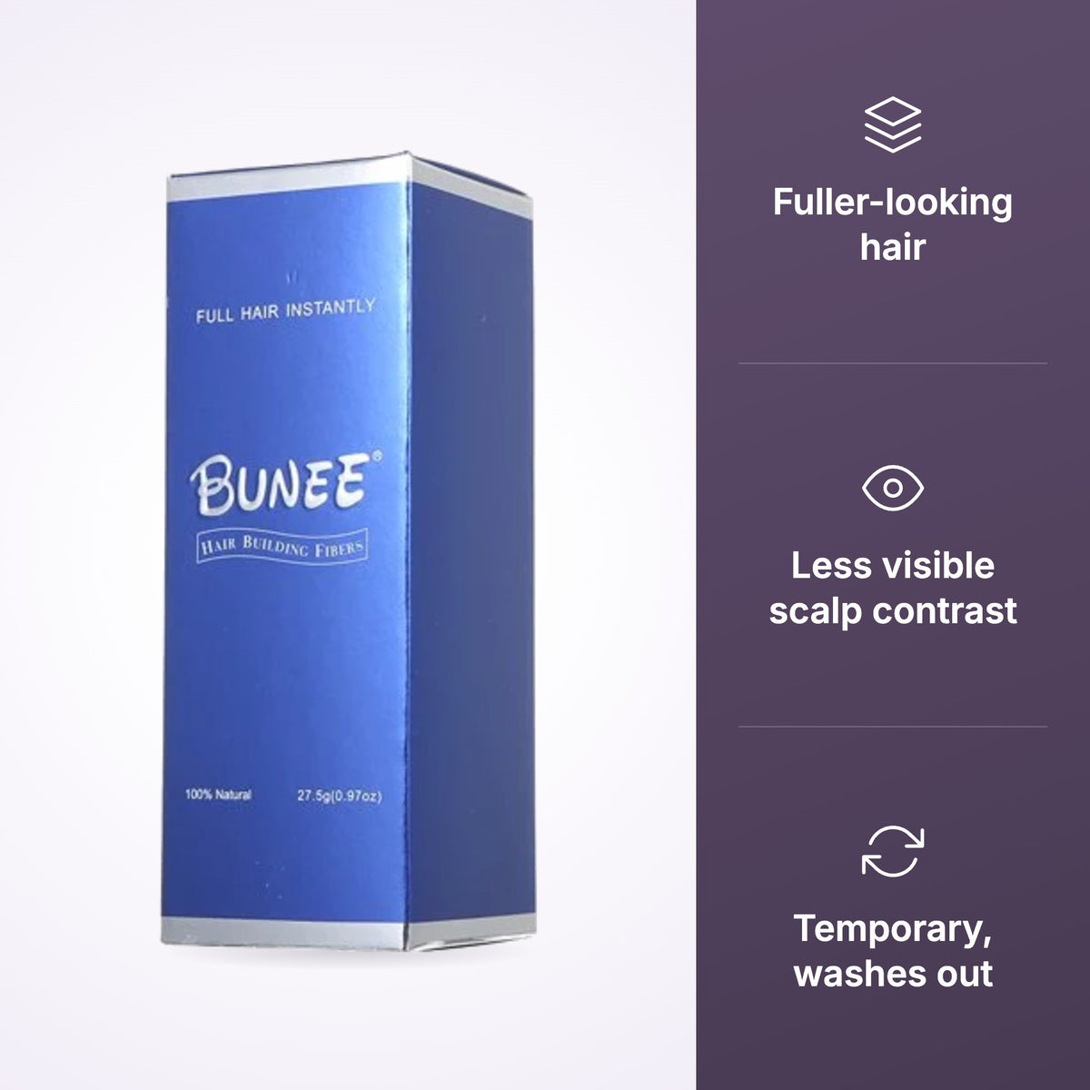 Bunee Hair Building Fibers 27.5g – 3 Shades key benefits infographic