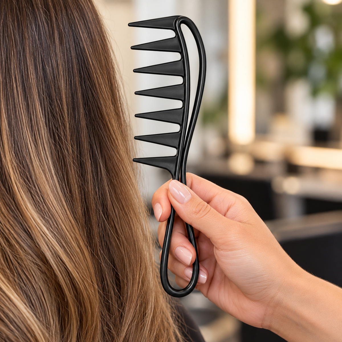 MV black loop-handle styling comb held by a stylist, showing its widely spaced teeth.