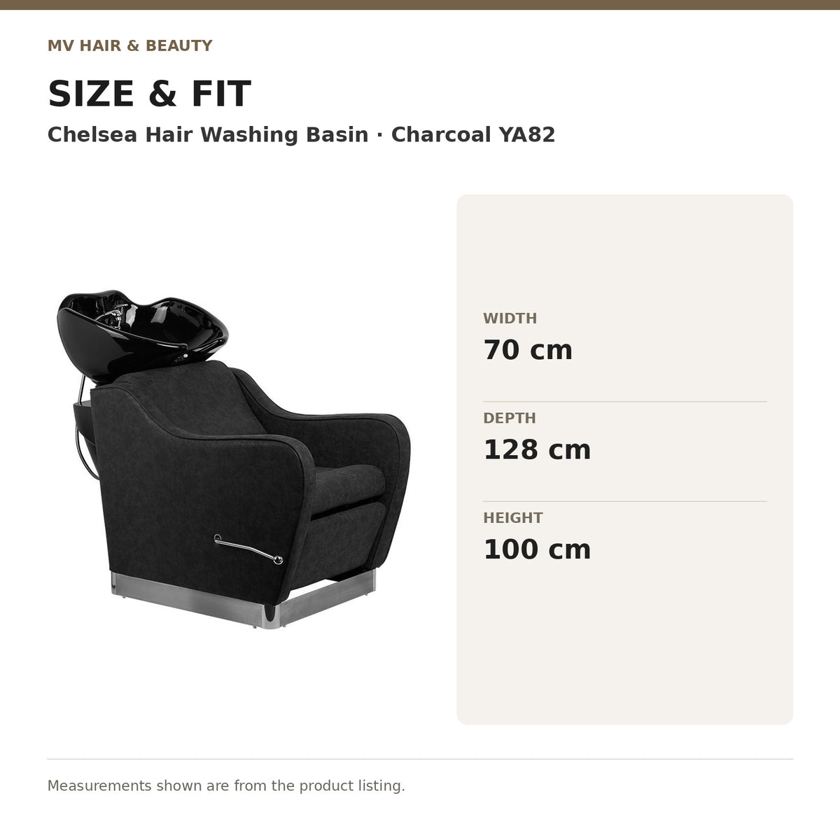 Chelsea Hair Washing Basin – Charcoal YA82 dimensions: Width: 70 cm; Depth: 128 cm; Height: 100 cm