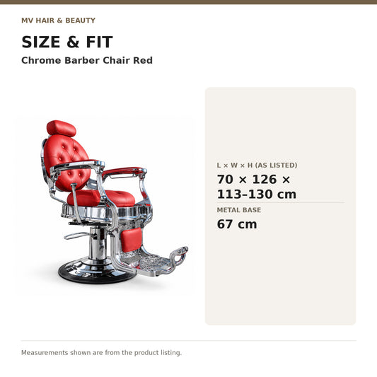 Chrome Barber Chair Red dimensions: L × W × H (as listed): 70 × 126 × 113–130 cm; Metal base: 67 cm