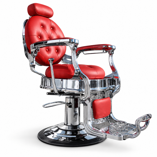Chrome Barber Chair Red, full chair on a white background