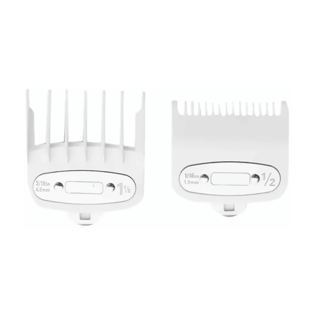 Two white clipper guide combs marked 0.5 and 1.5