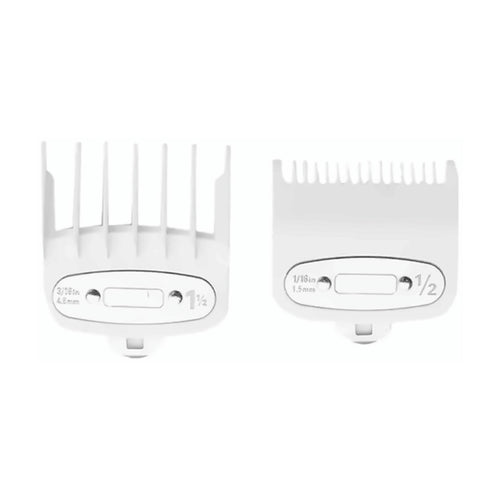 Two white clipper guide combs marked 0.5 and 1.5