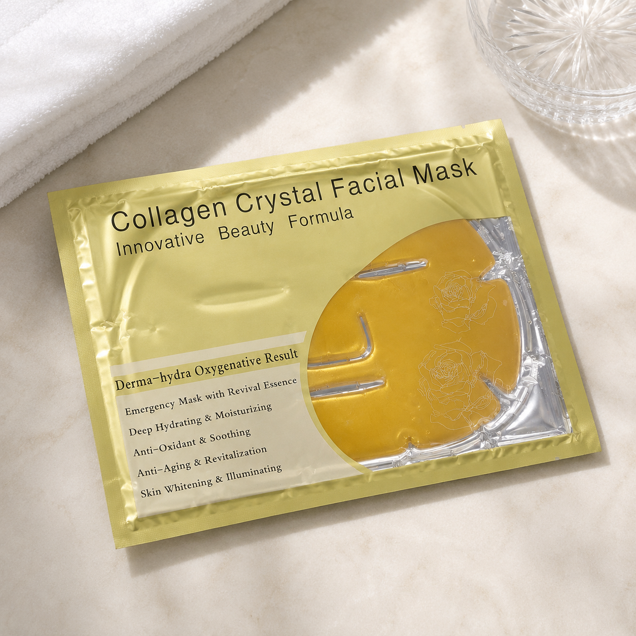 Collagen Crystal Gold Facial Mask 60g spa flat lay
