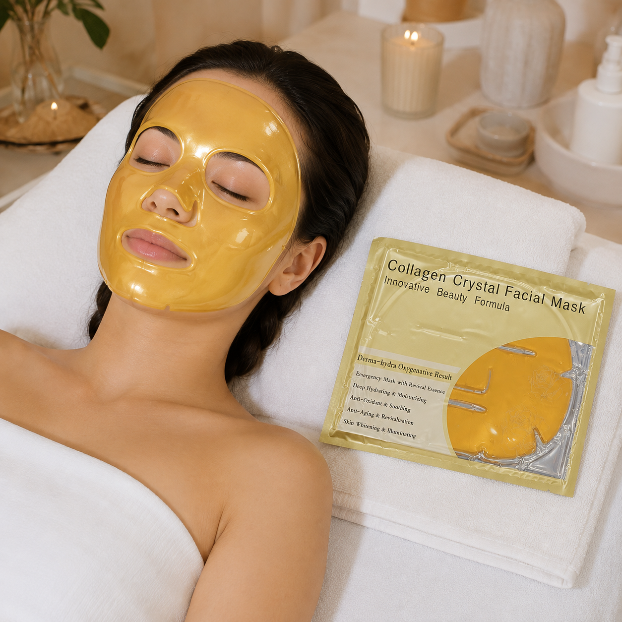 Gold collagen crystal facial mask in use during a spa treatment