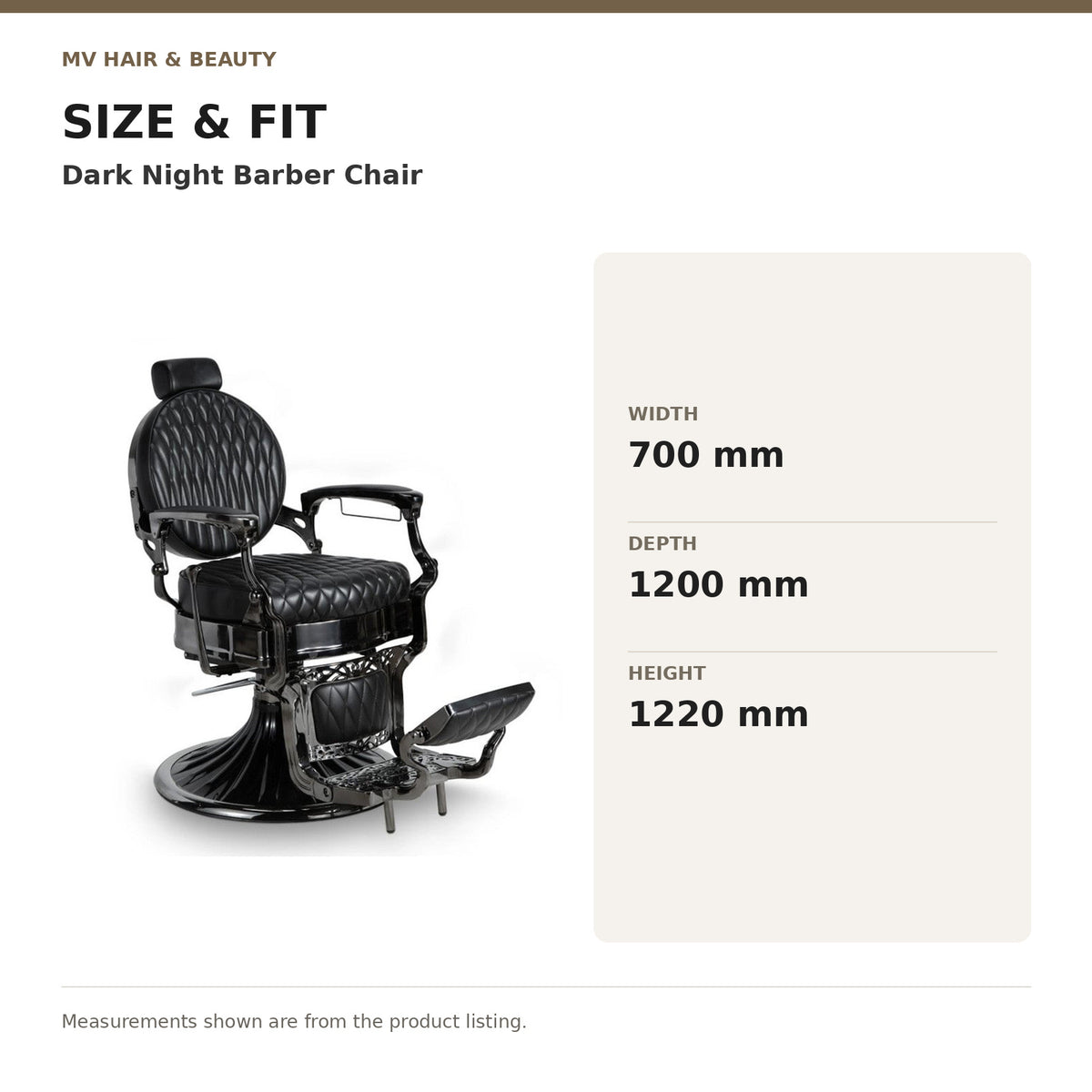 Dark Night Barber Chair dimensions: Width: 700 mm; Depth: 1200 mm; Height: 1220 mm