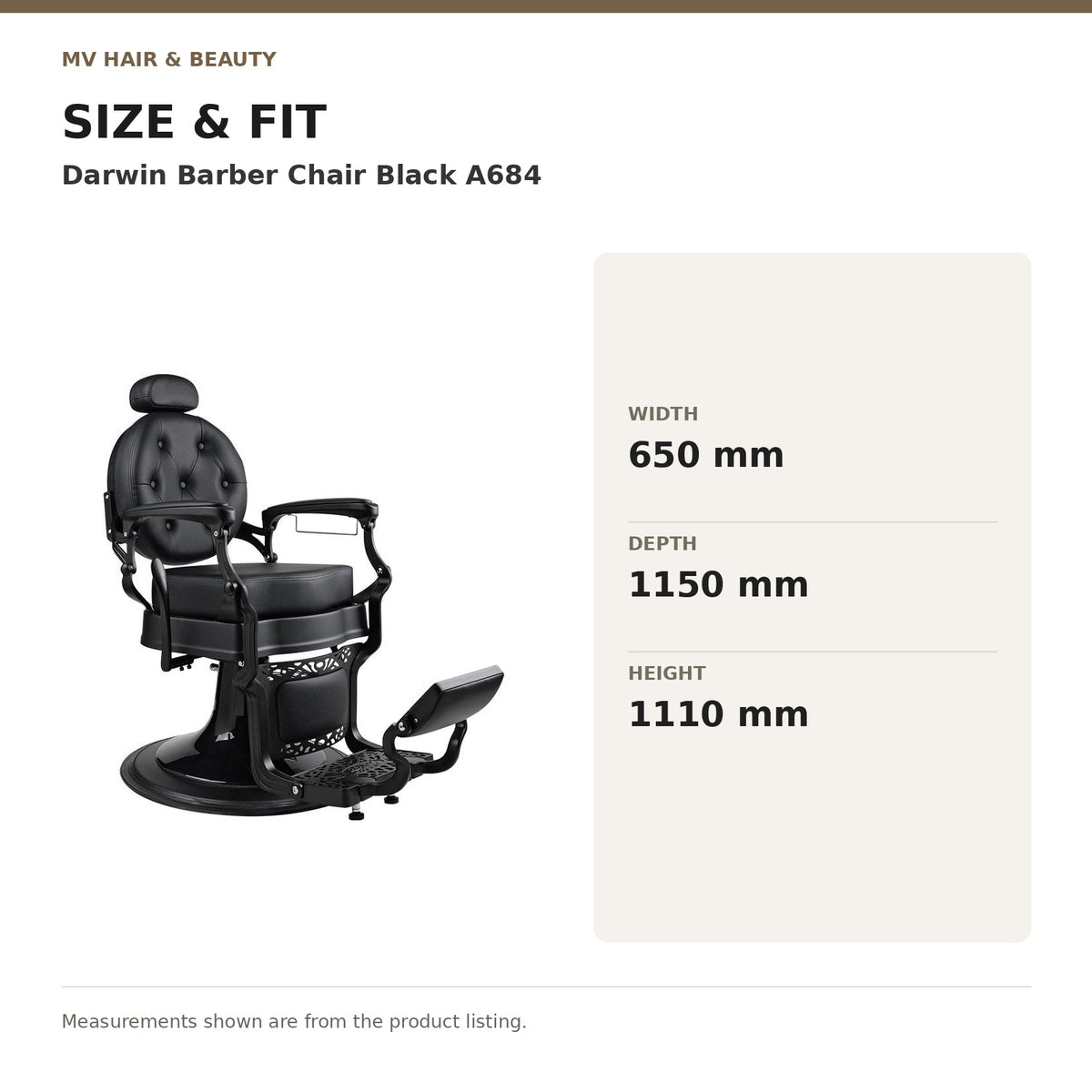 Darwin Barber Chair Black A684 dimensions: Width: 650 mm; Depth: 1150 mm; Height: 1110 mm