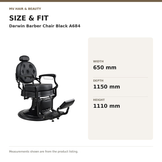 Darwin Barber Chair Black A684 dimensions: Width: 650 mm; Depth: 1150 mm; Height: 1110 mm