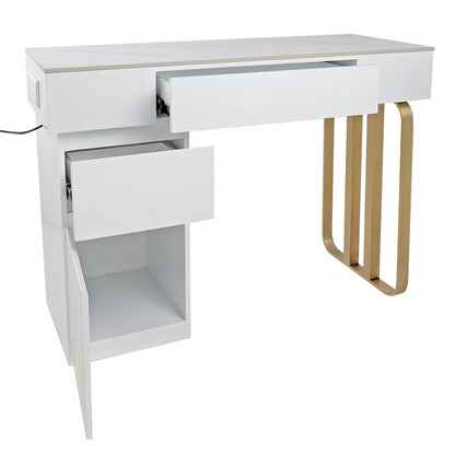 Manicure Vanity Working Desk with Drawers and Power Outlet White/Gold — photo 2