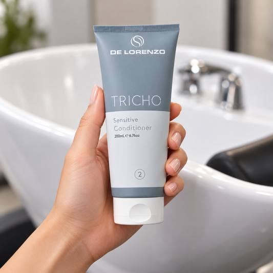 De Lorenzo Tricho Sensitive Conditioner 200ml tube held beside a wash basin.