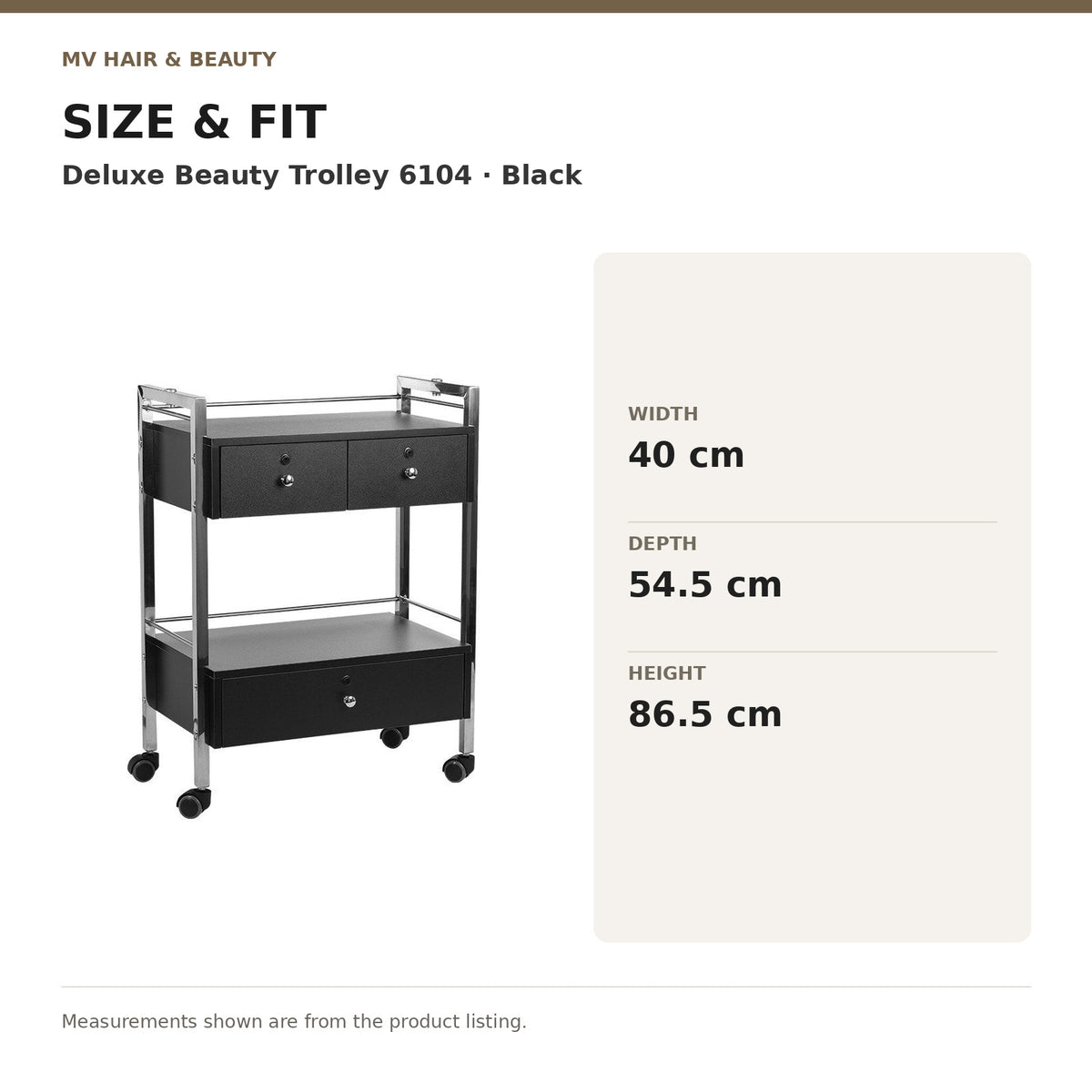 Deluxe Beauty Trolley 6104 – Black dimensions: Width: 40 cm; Depth: 54.5 cm; Height: 86.5 cm