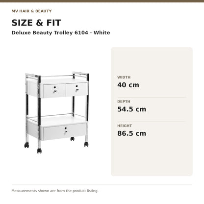 Deluxe Beauty Trolley 6104 – White dimensions: Width: 40 cm; Depth: 54.5 cm; Height: 86.5 cm