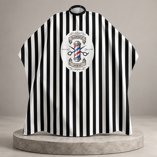 Dincer Star Barber Cape Black with White Stripe Barber Pole Shop — studio product photograph