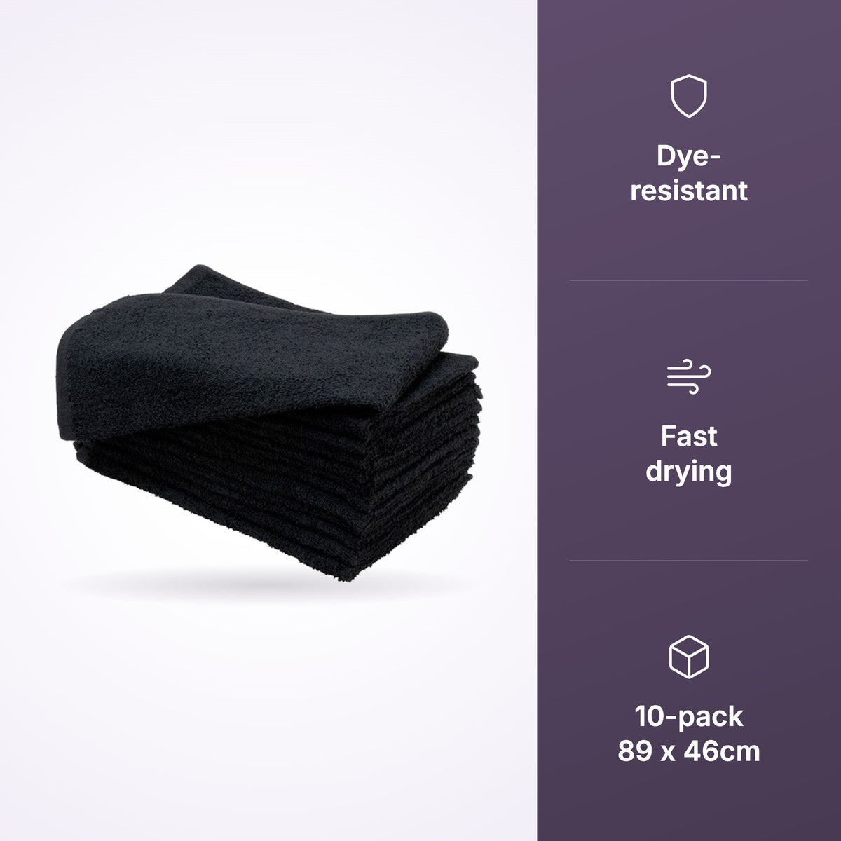 Dincer black microfibre towels with dye-resistant and fast-drying icons