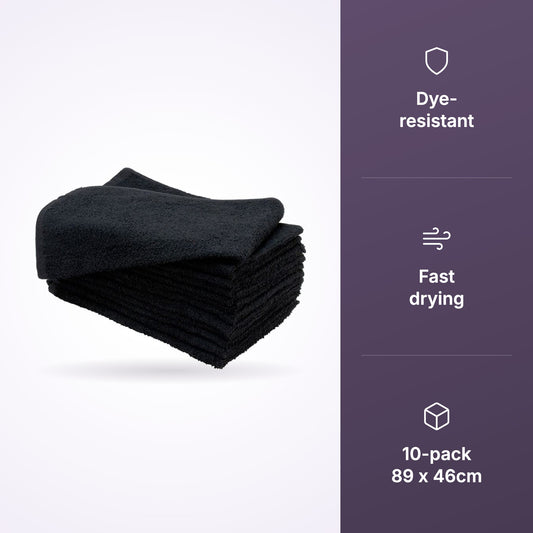 Dincer black microfibre towels with dye-resistant and fast-drying icons