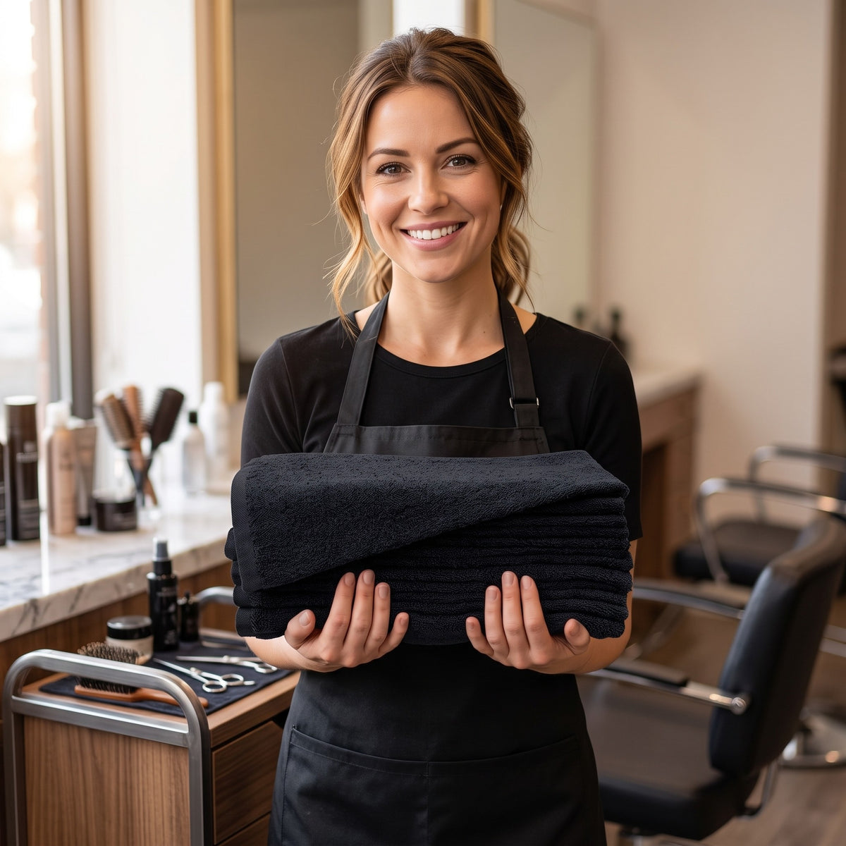 Stylist holding a stack of black Dincer microfibre towels