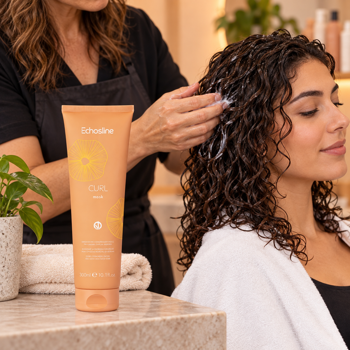 Echosline Curl Mask — model and salon context