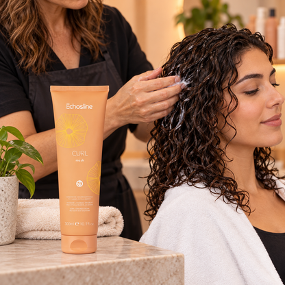 Echosline Curl Mask — model and salon context
