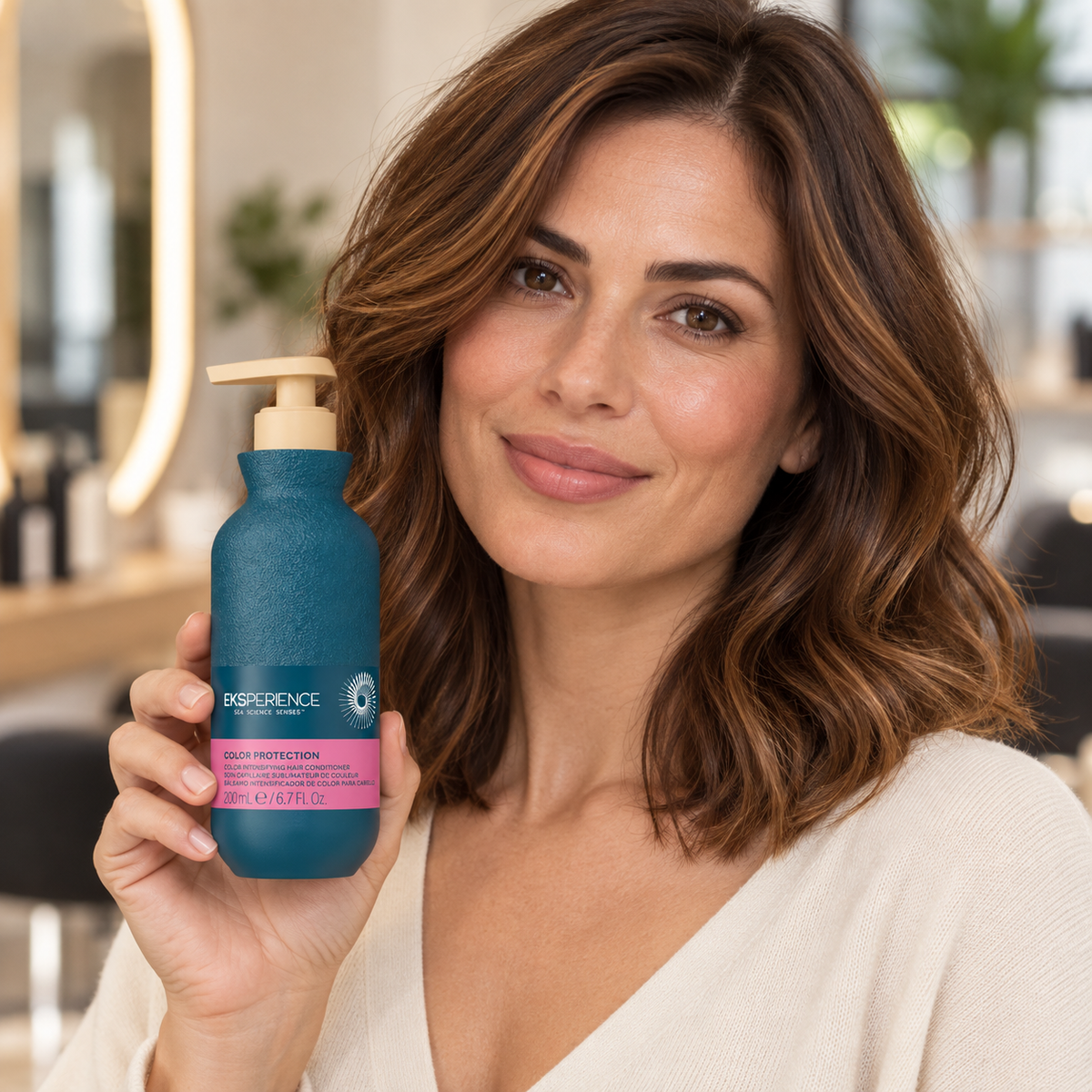 AI-generated model holding Eksperience colour intensifying conditioner