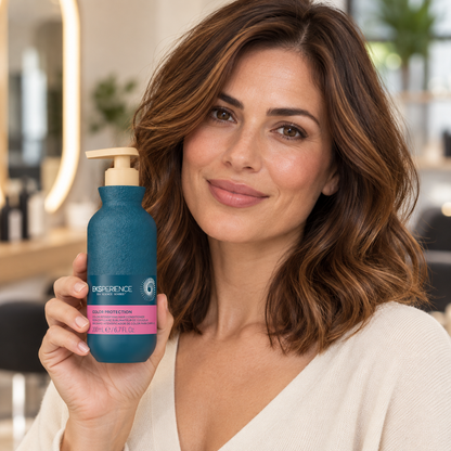 AI-generated model holding Eksperience colour intensifying conditioner