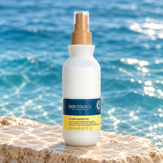 Eksperience Hydro Nutritive hair mist in an ocean-inspired studio